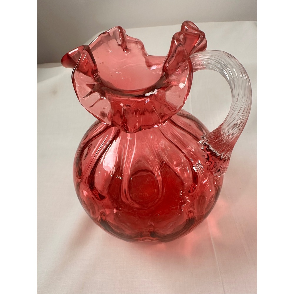 Fenton Cranberry Glass Pitcher Ruffled Rim Applied‎ Reeded Handle Optic Rib Red - Picture 7 of 13